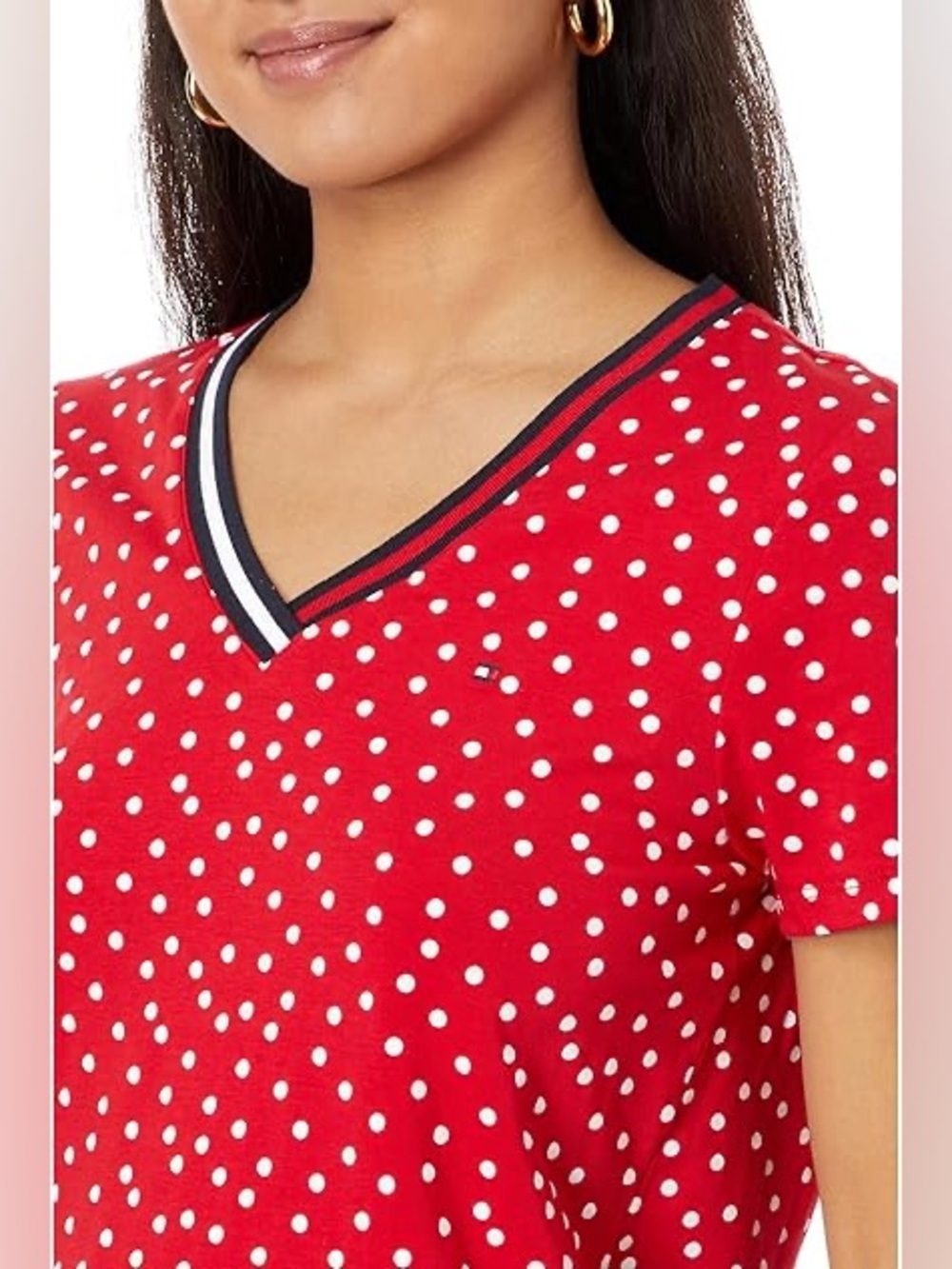 Tommy Hilfiger Red Polka Dot V-Neck Tee with Navy-Trim